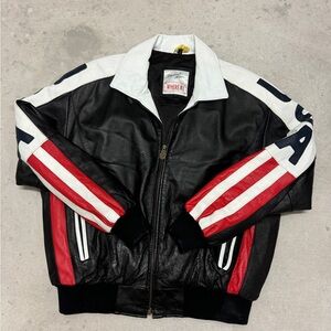 Michael Hoban Wheremi Leather Jacket Men's L USA American Flag Black